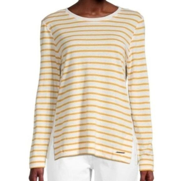 Donna Karan New York Striped Rounded Neck Long Sleeve Top Sz XL Side Vents NEW - Picture 1 of 7